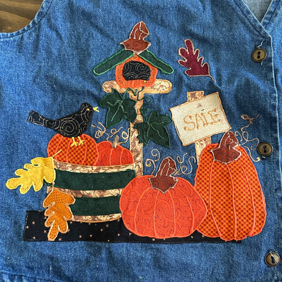 KG Sportswear Denim Vest Fall Harvest Pumpkin Appliqué One Size Handmade - Picture 3 of 10